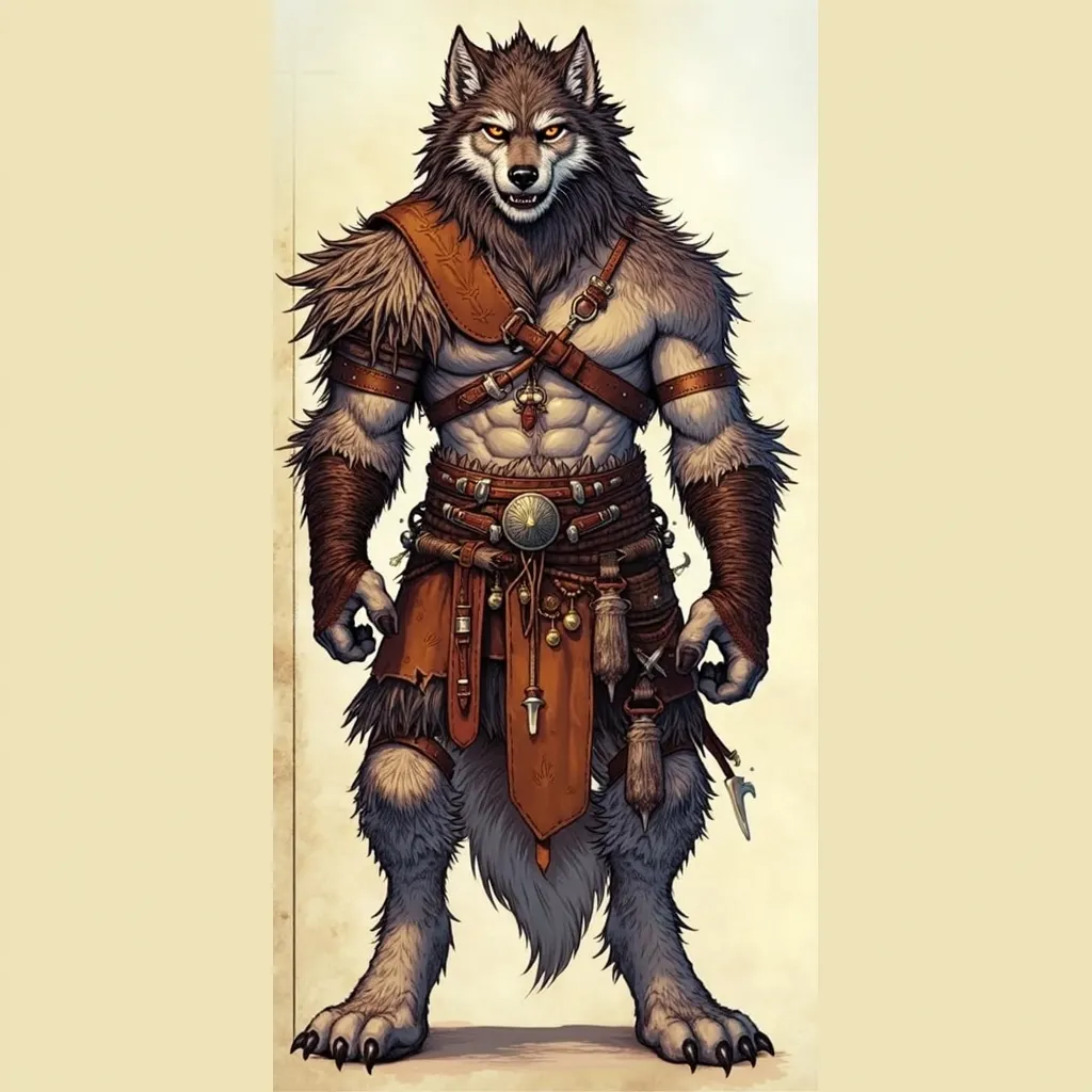 Fantasy-style anthropomorphic wolf warrior standing in a confident pose. His muscular body is covered in thick gray-brown fur, with powerful clawed hands. His wolf-like face exudes a fierce confidence, featuring sharp fangs and piercing yellow-orange eyes....