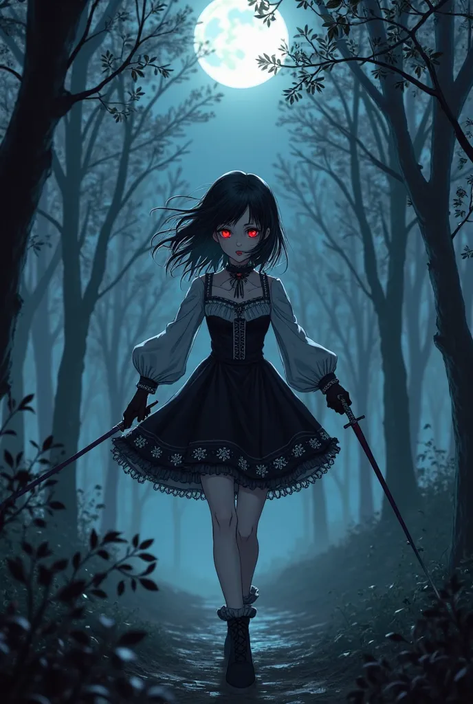 Anime girl with black short hair and red eye, she's a Princess with goth kind of dress with a mini skirt with petticoats and using Long sleeve shirt with gloves in her hand and sneaking to the forest in the night with her sword with red kingdom vibes and m...