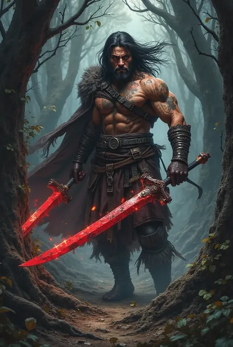 Black wood warrior  long hair with red blade