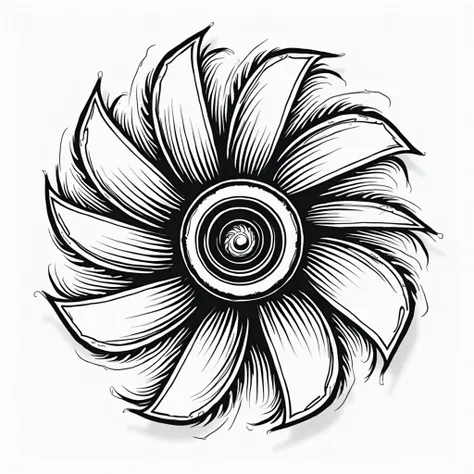 Create a detailed black and white vector illustration of a turbo impeller. The design should feature sharp, aerodynamic blades arranged in a radial pattern, accurately representing the impeller's role in air circulation. The blades should have a dynamic, s...