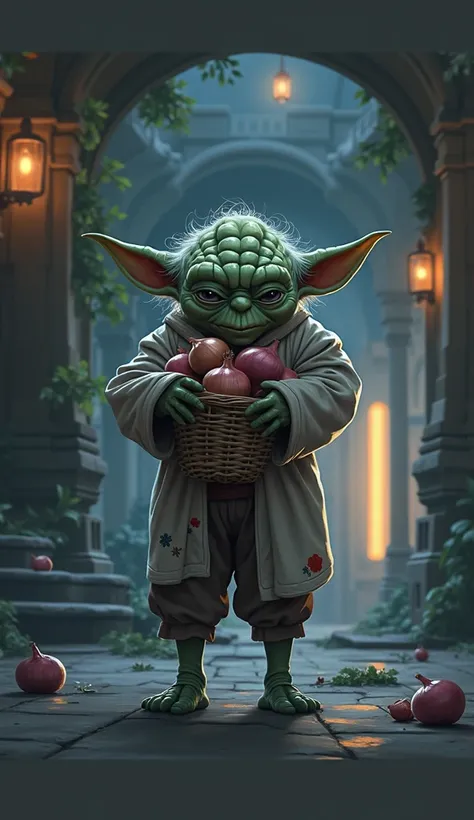 Star war character ( yoda ) wearing pajamas and haging a basket onion in blank background