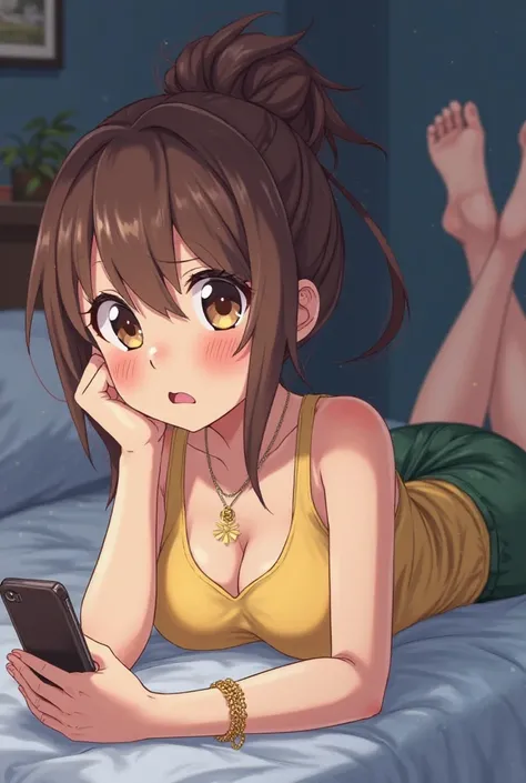 Anime girl lying on the bed on her stomach and looking at the phone very embarrassed dressed in green shorts and a yellow tank top ,  Girl with big breasts,  with a quirky bun at night , with big booty. Neck on the pillow, background picture.
Brown eyes br...