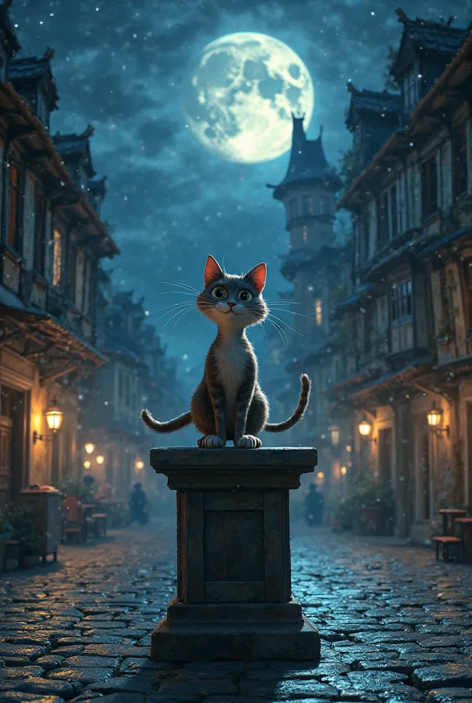 Whiskers' Nighttime Mission
A town square under the moonlight.
Whiskers standing on a podium, meowing loudly.
A few windows lighting up as people wake up, curious.