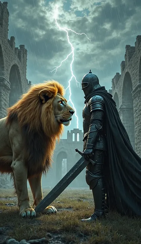 A majestic lion and a mysterious knight stand face to face under a stormy sky, locked in an intense standoff. The lion's golden mane flows wildly in the wind, its eyes glowing with untamed power. The knight, clad in dark, battle-worn armor, grips a massive...