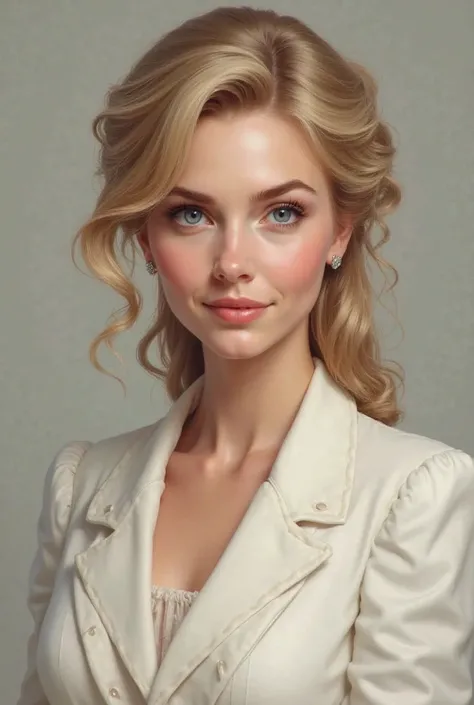 A beautiful noblewoman. She smiled sweetly. Curled blonde hair,  blue eyes . She wore a white suit and had jewelry in her hair.