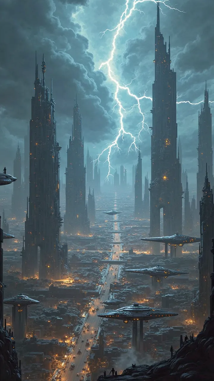 A gigantic futuristic city during thunderstorms Spaceport 