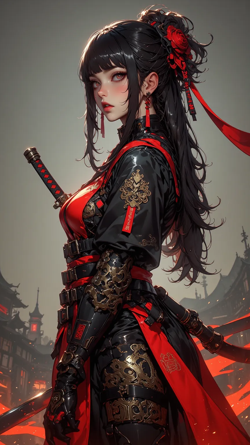 a high quality、A visually stunning visual work，Rendering in 8K resolution，With depth of field，focused on a Chinese ninja woman，inspired by CKNC and CKSC style。This work Portraits of women on the side，with long bioluminescent hair、Sword Brow 、side hair bund...