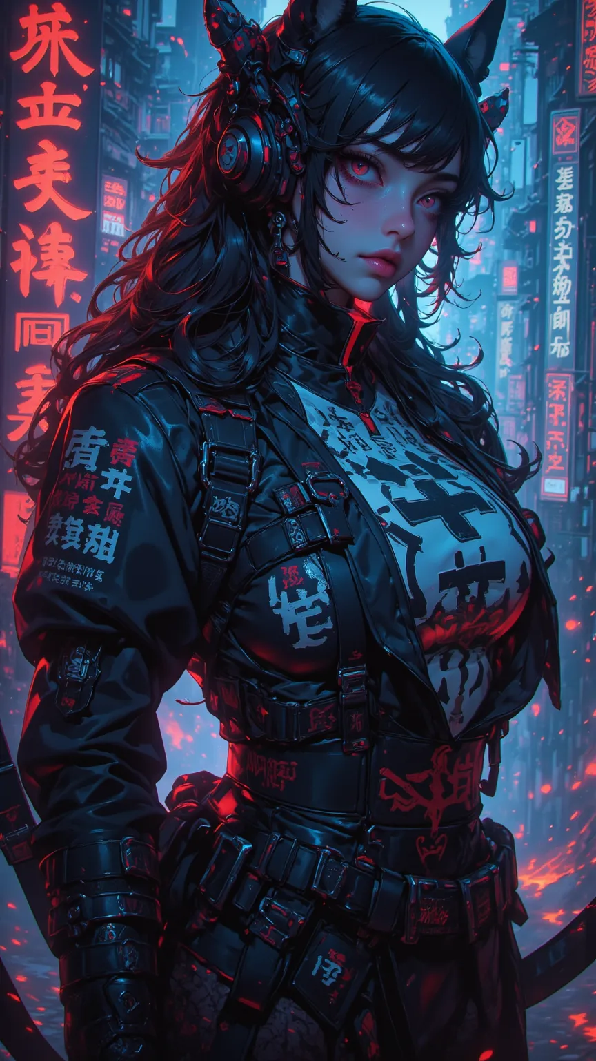 a high quality、A visually stunning visual work，Rendering in 8K resolution，With depth of field，focused on a Chinese ninja woman，inspired by CKNC and CKSC style。This work Portraits of women on the side，with long bioluminescent hair、Sword Brow 、side hair bund...