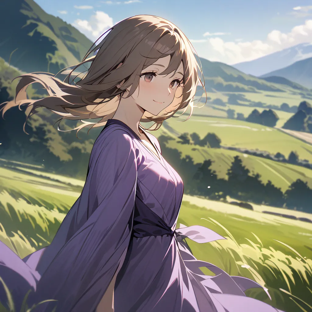 Elderly woman, adult, skinny,   long hair , brown hair, brown eyes, Dry face , smile, Roman clothing, purple tunic,solo, Fields and mountains, no bangs ，blue sky