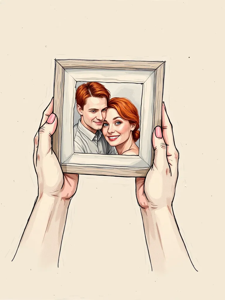 Beautiful women's hands hold a frame in their hands, where is the photo of a beautiful redhead girl with a handsome redhead guy. In the photo, people are happy. 
 line art 
