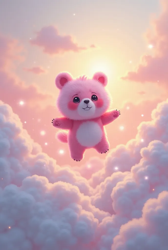 A pink panda flying with help 
Cute and funny 