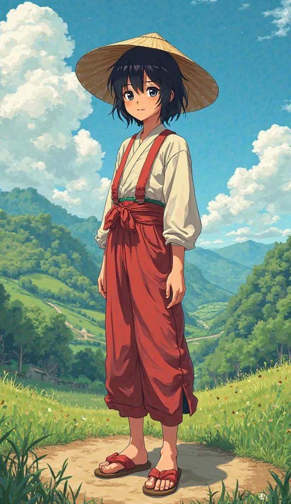 anime style picture of  from village in farming clothes full body hands leg visible black hair different angles feet visible side view and back view  standing straight 