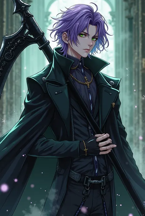 Create an anime handsome male character in heavy black coat in lilac pink hair and green eyes holding a large scythe. 