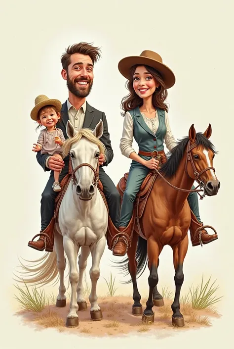 create a very stylized design, with few details , caricature, Of a married couple dressed as newlyweds, ( male and female) with their girl of about two years old, who are heading on horseback to Argentina. The groom must be holding a cup (vase) da Mate (th...