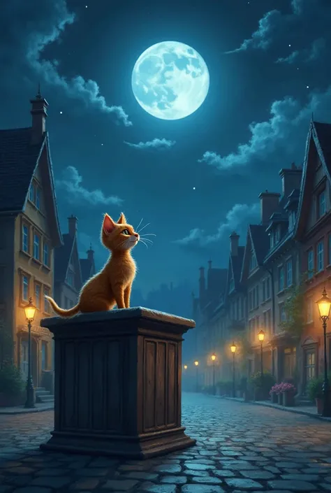 Whiskers' Nighttime Mission
A town square under the moonlight.
Whiskers standing on a podium, meowing loudly.
A few windows lighting up as people wake up, curious. Based on whisker story based on two photo