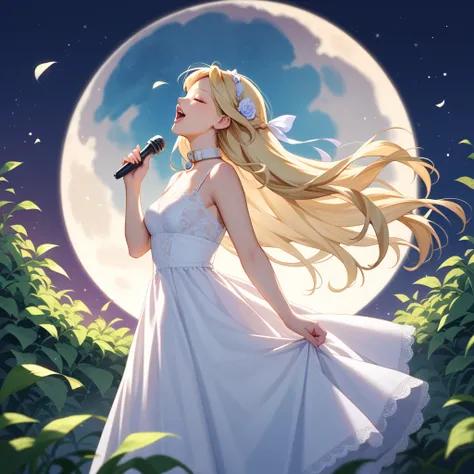  1 girl 、blond hair、long hair、close your eyes、sing、 Full Moon Night 、lace dress with collar