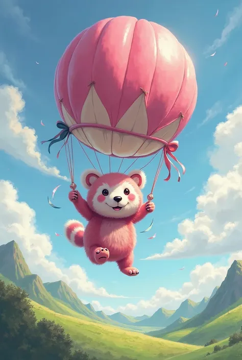 A pink panda flying with help of balloon 
Cute and funny 