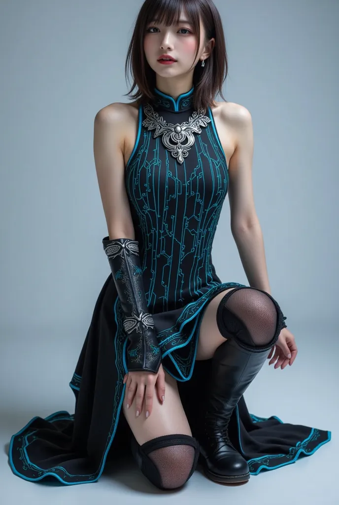 Kneeling pose、 cute and elegant pose, cyberpunk and China dress fusion COSTUMES、（BLACK CHINA DRESS WITH NEON BLUE CIRCUIT PATTERN）、Chinese dress collar、Sleeveless Design 、High leg side slit、slim fit silhouette、neon blue edge line、（bodice and skirt are diff...