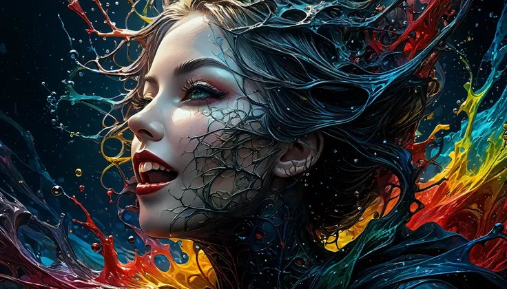 a Girl, laughing, Colorful colors, surrounded by water bubbles, in the style of Kawacy, Masterpiece, Oil painting drawn in anime style, head close - up, exaggerated perspective, Tyndall effect, water drops, mother - of - pearl iridescence, Holographic whit...