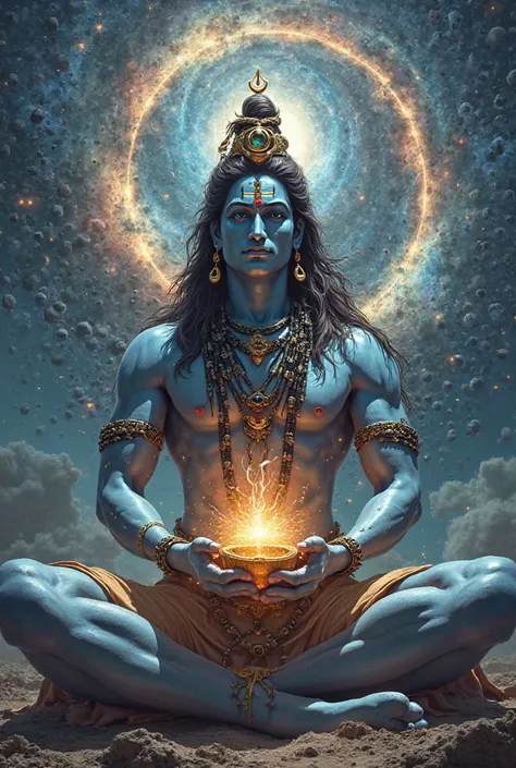 Lord Shiva is seated in the form of Rudra and he is drinking the cup of the universe