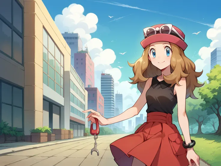 Score_9, Score_8_up, Score_7_up, Source code_Japanese cartoon,
pokemonSerena , Serena ,  long hair, blue eyes,  brown hair,  Smile,
 glasses worn on the head , have, skirt, sunglasses, shirt, black shirt, Sleeveless, red skirt, pink have,
 outdoors,  citys...