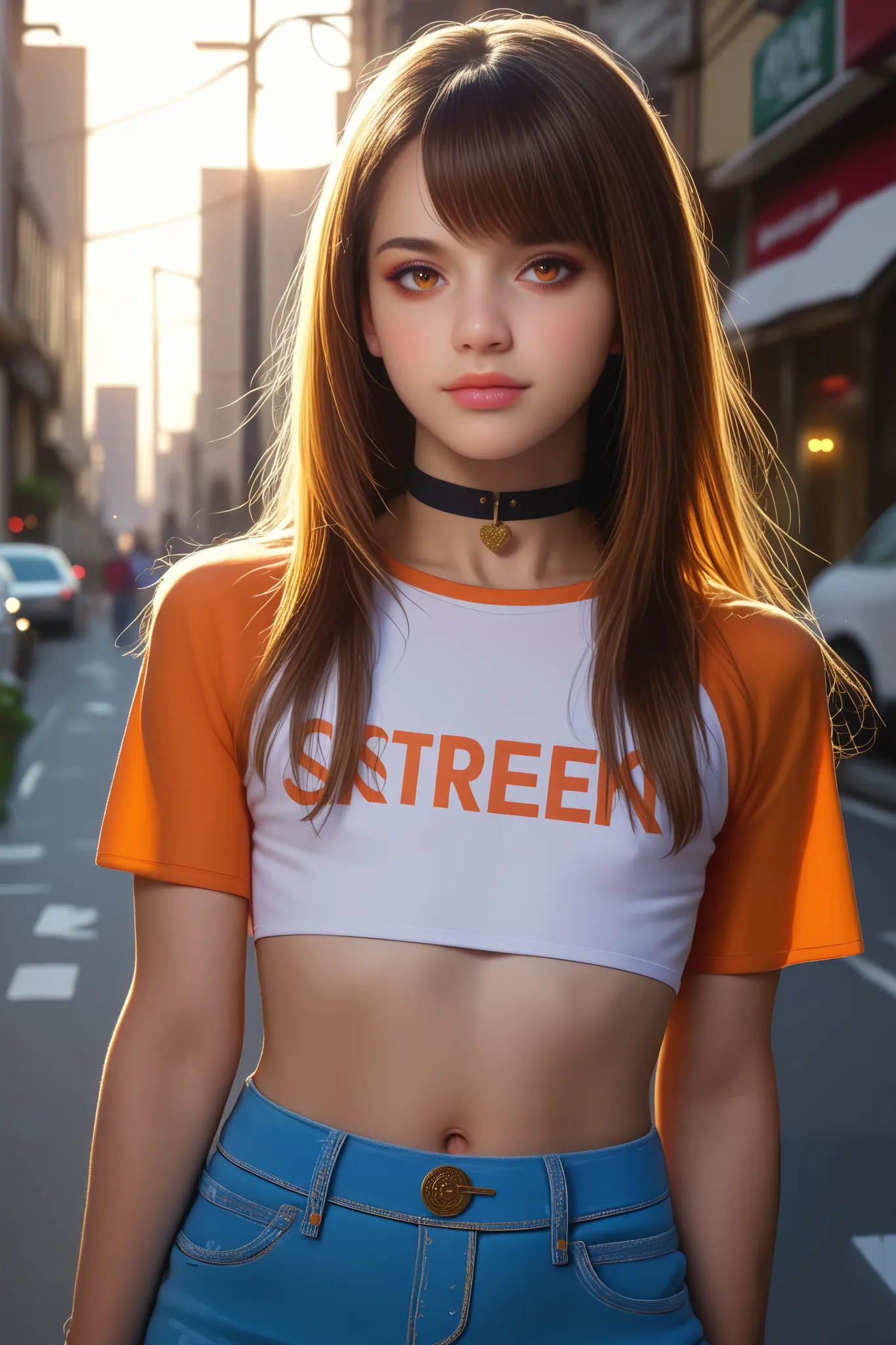 score_9, score_8_up, score_7_up, 1 girl,long  hair with bangs, flat chest, fitted v-neck cropped t-shirt, cropped shorts,  navel  , chocker, standing in the street,