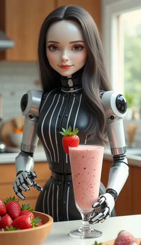 A humanoid robot chef with a sleek white-and-silver body, human-like facial features, and long dark hair. The robot has articulated mechanical arms with a smooth, shiny surface, and an elegant black outfit with white pinstripes. The robot's face is warm an...