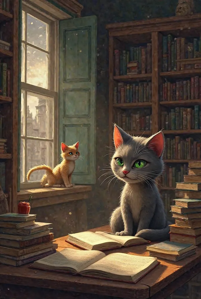 Whiskers in the Library
A cozy, old library filled with books.
A gray tabby cat sitting on a wooden table, surrounded by open books.
Warm lighting, dust particles in the air, and a peaceful atmosphere

Sad Moment – Library at Risk
An elderly librarian (Mis...