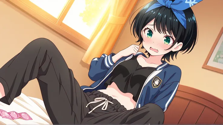 1girl, ruka sarashina \(Rent a Girlfriend\), anime screencap, masterpiece, best quality, solo, A young This is a side-by-side photograph of a young ruka sarashina, short hair, bangs, black hair, light green eyes, ribbon, hair ribbon, hairband, blue hairban...