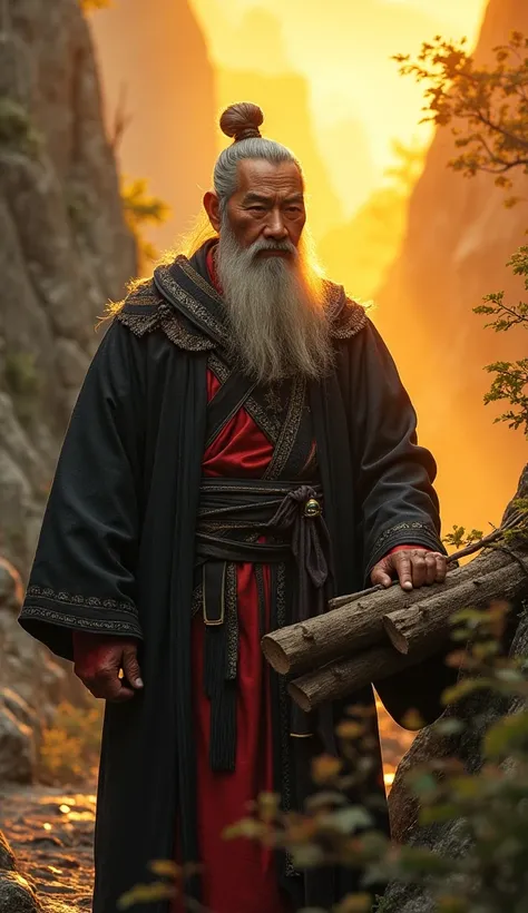 A brave Chinese warrior, dressed in black and red robes, helps an elderly man carry firewood up a mountain path. His face radiates compassion and determination. In the background, the elderly man’s face transforms into that of an immortal sage, bestowing a...