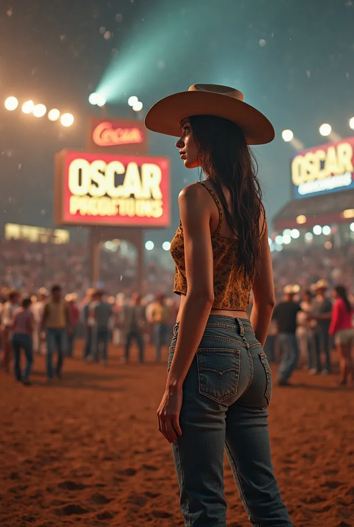 Create a hyper-realistic photograph of a slender Italian woman with a sculptural body, dressed in cowboy attire, standing in a modern rodeo and vaquejada arena packed with people. The scene is adorned with advertisements and billboards bearing the name "Os...