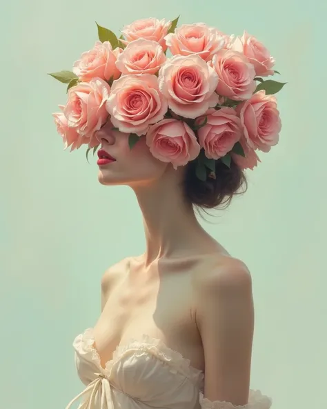 A surreal digital painting of a woman with an elegant physique, her head replaced by a blooming bouquet of roses. Her upper body is gracefully exposed, depicted in a tasteful and artistic manner, with soft pastel hues enhancing the ethereal beauty of the c...