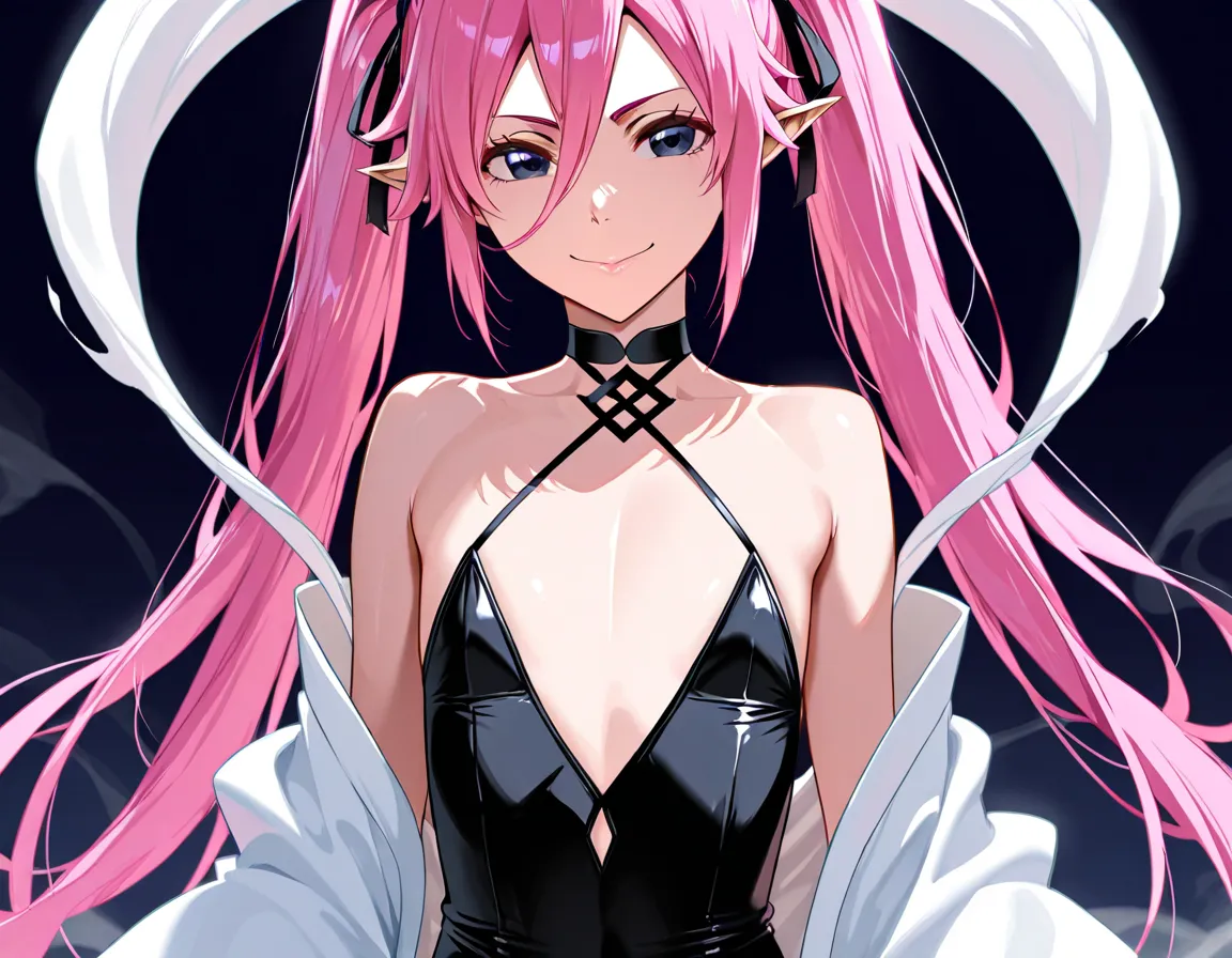 Naomi Ōtsutsuki (Bleach) extremely long pink hair. Large dark blue eyes. Flat chest. Black neck choker. Tight qipao dress exposing shoulders. Smile. Hair between eyes. Pointy ears. Open kimono shirt. White hagoromo.