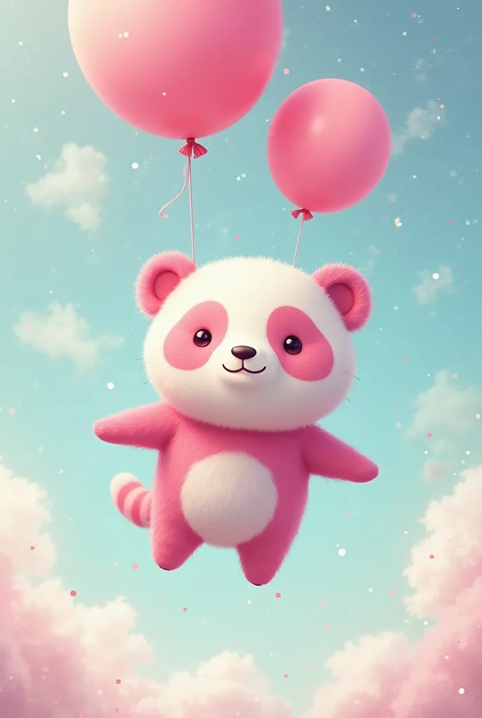 A pink panda flying with help of balloons
Cute and funny 
Pink panda pls