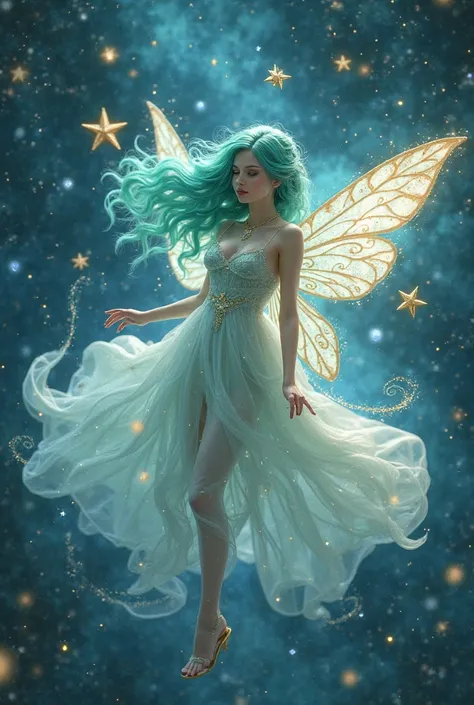 Turquoise long-haired fairy with braid on two sides, In a white chiffon dress, she hovers in the middle of the universe