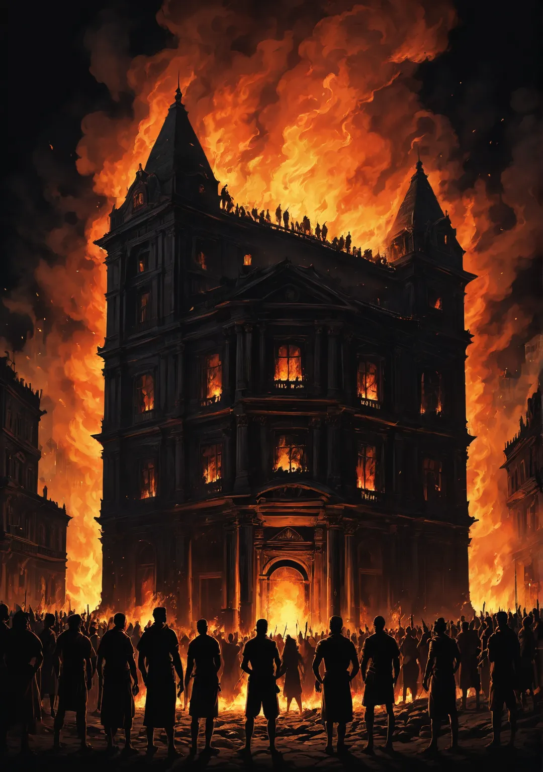 
Flames are lit in front of a large building, ancient city on fire, silhouette of a crowd staring at the fire, burning building, black background, building fire, burning building, people facing a ring of fire, building on fire, burning in hell, top quality...