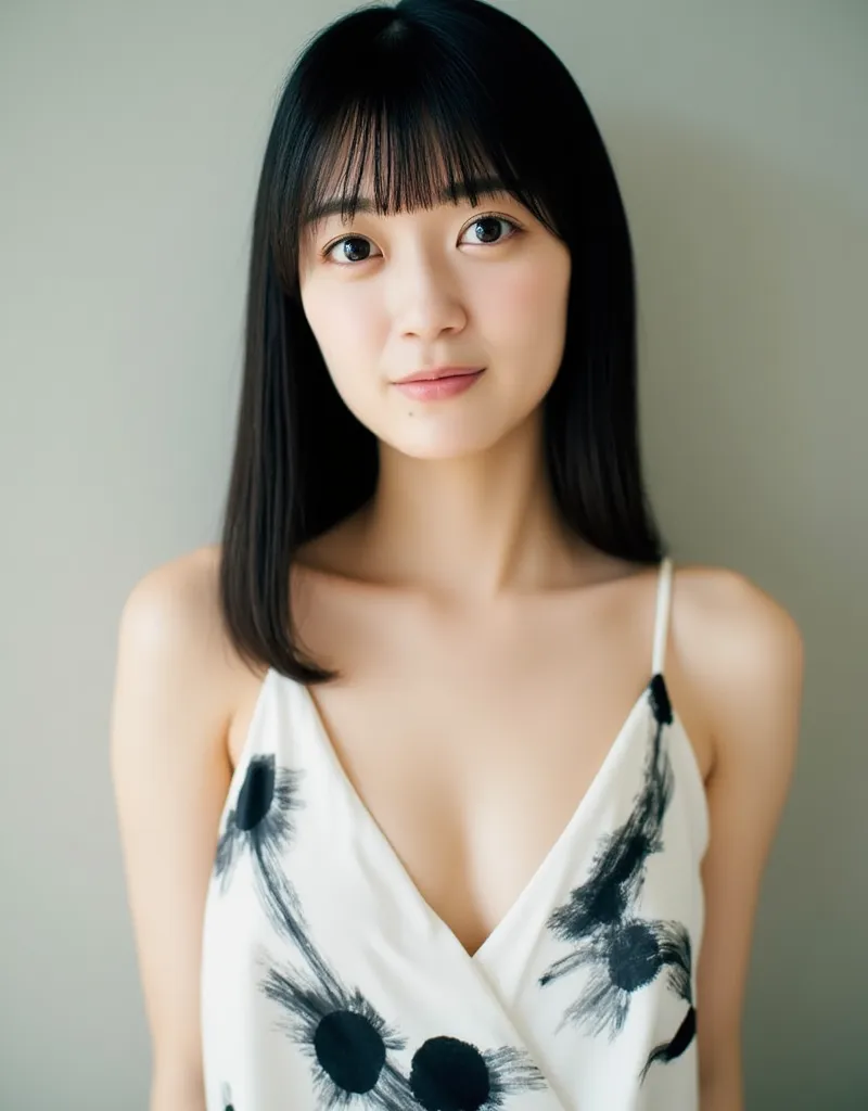 Hiraho, The image is a portrait of a young women with straight, long dark hair and bangs. She is wearing a sleeveless, white dress with black abstract brushstroke patterns, which gives a modern, artistic feel to her attire, and Deep V-neck. cleavage. The d...