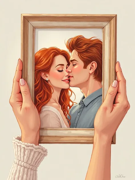 Beautiful women's hands hold a frame in their hands, where is the photo of a beautiful redhead girl with a handsome redhead guy. In the photo, people are happy.  bright and beautiful .
 line art 
