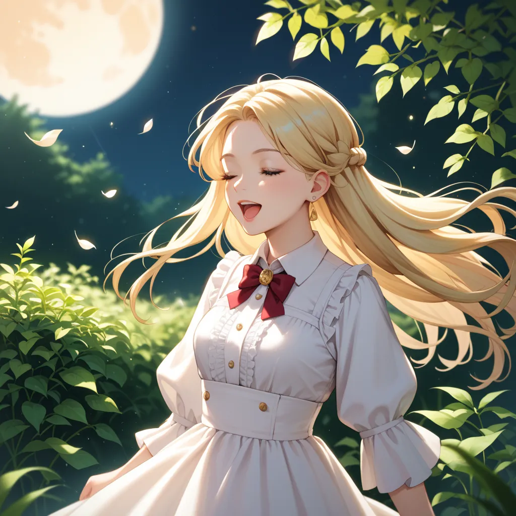  1 girl 、blond hair、long hair、close your eyes、sing、 Full Moon Night 、collared blouse dress、