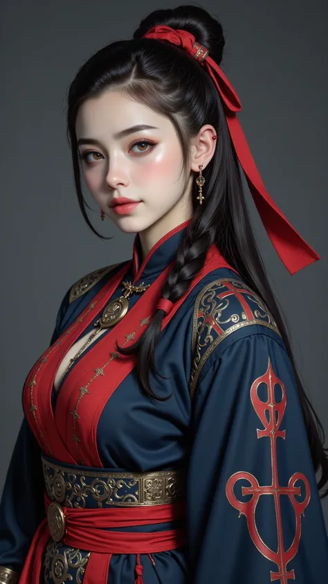 a high quality、A visually stunning visual work，Rendering in 8K resolution，With depth of field，focused on a Chinese ninja woman，inspired by CKNC and CKSC style。This work Portraits of women on the side，with long bioluminescent hair、Sword Brow 、side hair bund...