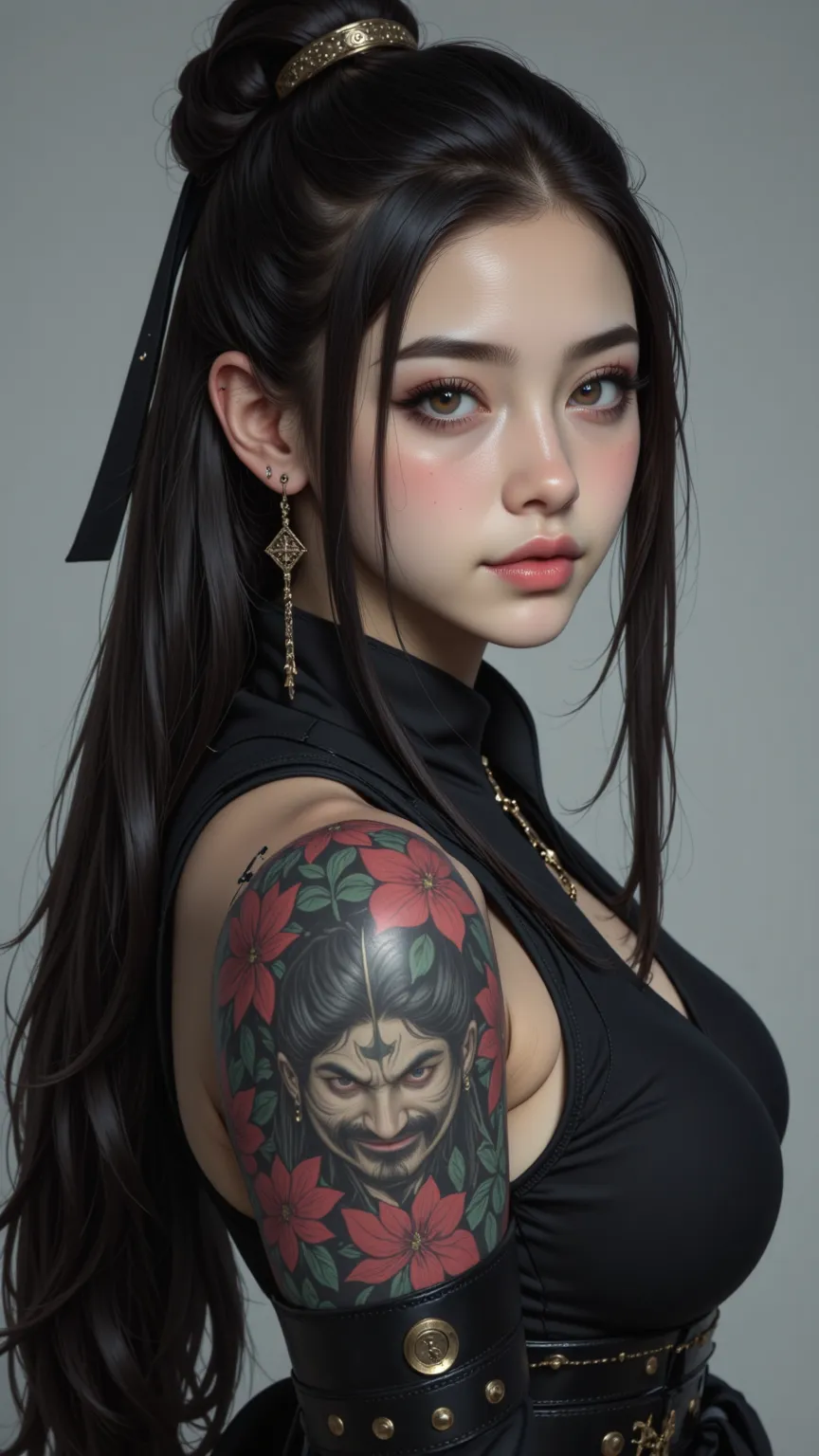 a high quality、A visually stunning visual work，Rendering in 8K resolution，With depth of field，focused on a Chinese ninja woman，inspired by CKNC and CKSC style。This work Portraits of women on the side，with long bioluminescent hair、Sword Brow 、side hair bund...