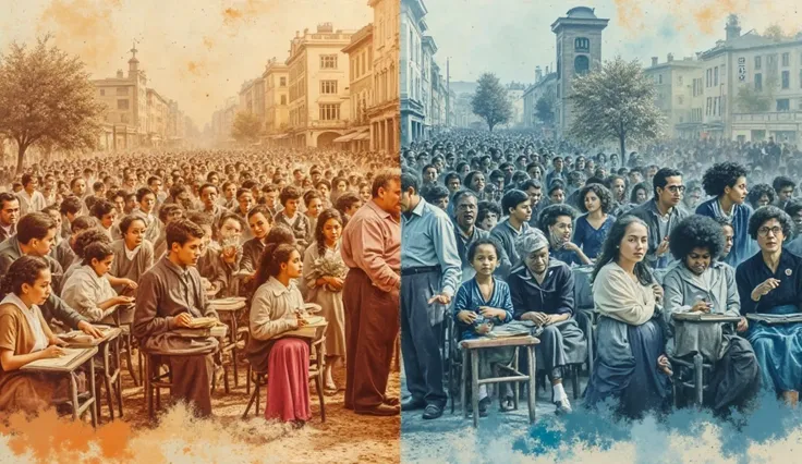 A visual timeline collage: On one side, vintage sepia photographs of suffragette marches and early classrooms; on the other, vibrant modern images of diverse leaders in boardrooms and classrooms. The transition between past and present is smooth, symbolizi...