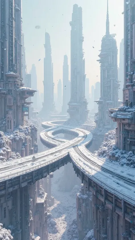 A gigantic futuristic city with snow Autobahn 