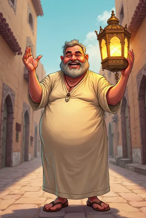 A full-length cartoon image of a forty-year-old man with light and black hair and a big belly wearing a caftan and carrying a Ramadan lantern 