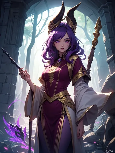 A highly detailed fantasy portrait of Lulu, the small Yordle sorceress from League of Legends, shown from the waist up. ((She has purple skin)), large glowing purple eyes, and fluffy violet hair. She wears her signature oversized crimson hat with golden de...