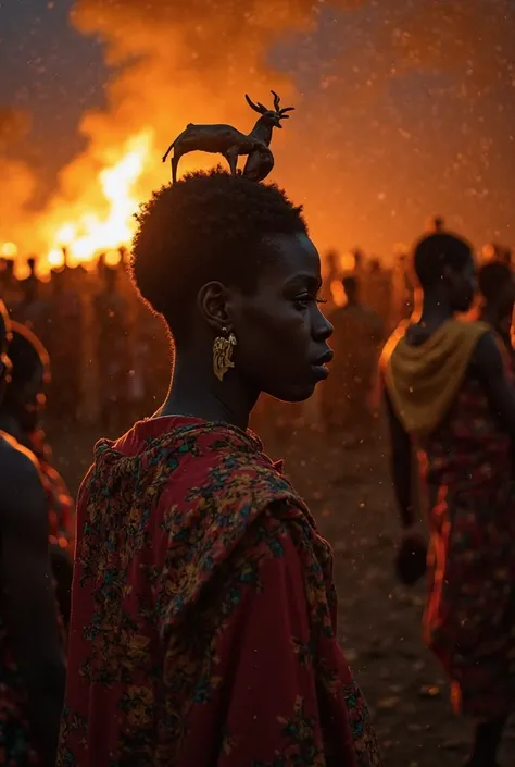 The crowd watching in horror – Villagers, men and women, stand frozen. Some look away, others stare in silent terror, knowing they cannot interfere. Their faces are lit by the glow of the fire. with Ghana ewe attire 