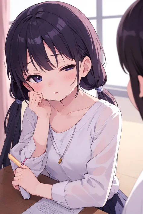 A Japanese woman with twin-tails, eyes closed, and lips pursed as if she is playfully pouting. She has smooth, fair skin and wears a stylish outfit, possibly a school uniform or casual modern clothing. The background is softly blurred, emphasizing her expr...