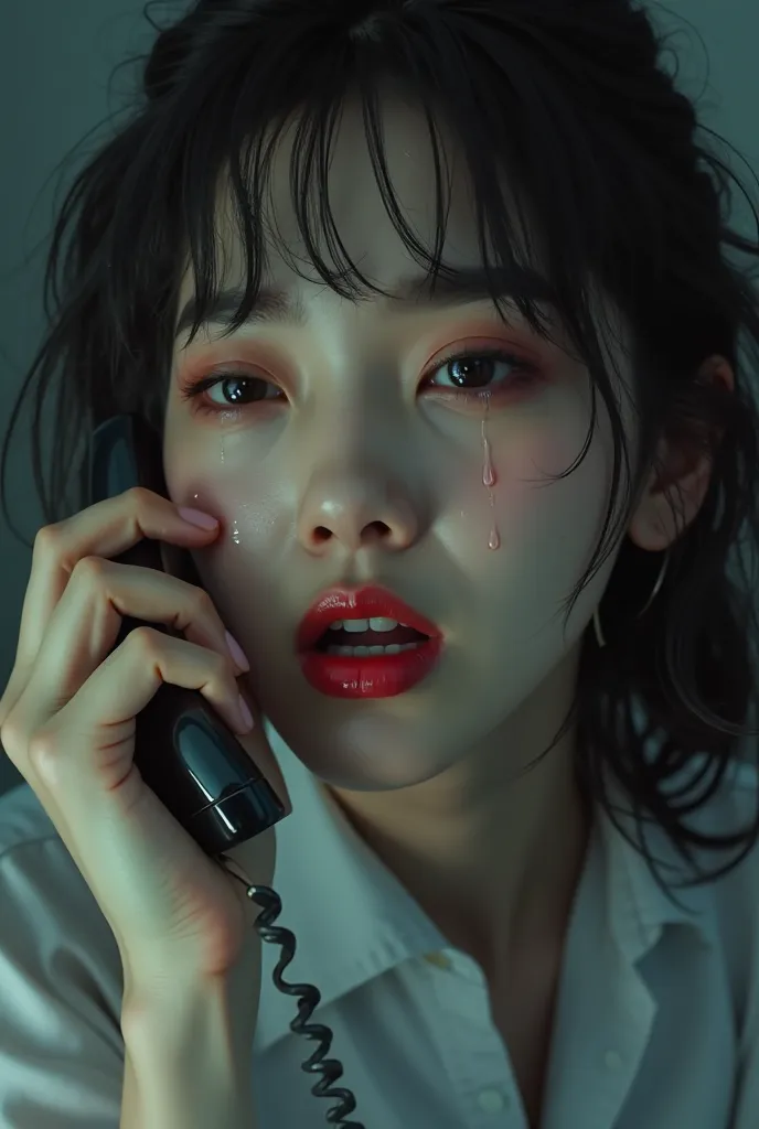 Iu talking on the phone crying inconsolably with makeup flowing through tears