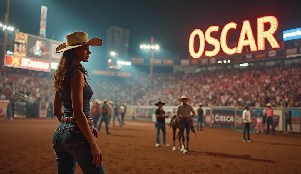 Create a hyper-realistic photograph of a slender Italian woman with a sculptural body, dressed in cowboy attire, standing in a modern rodeo and vaquejada arena packed with people. The scene is adorned with advertisements and a prominent outdoor sign that r...