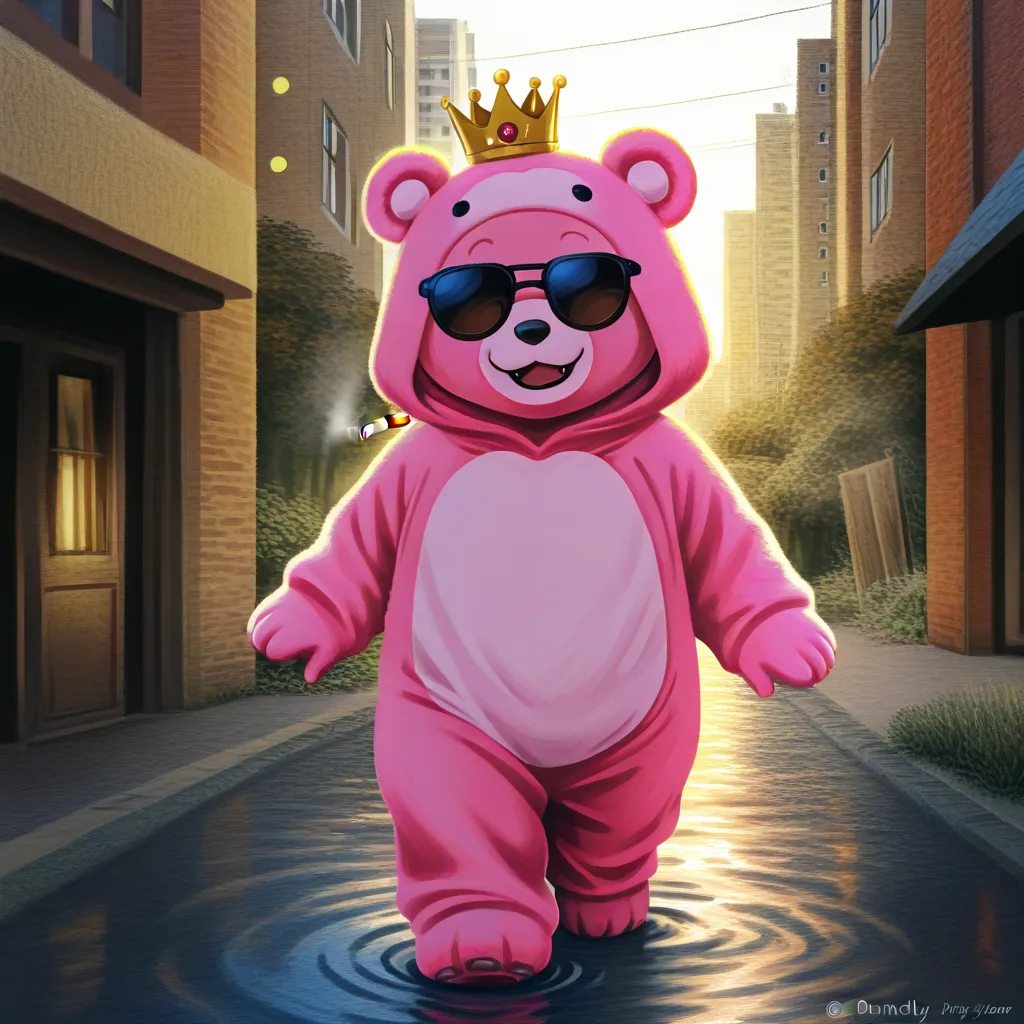 Dandy man wearing a pink bear costume with a crown, cigarette sunglasses